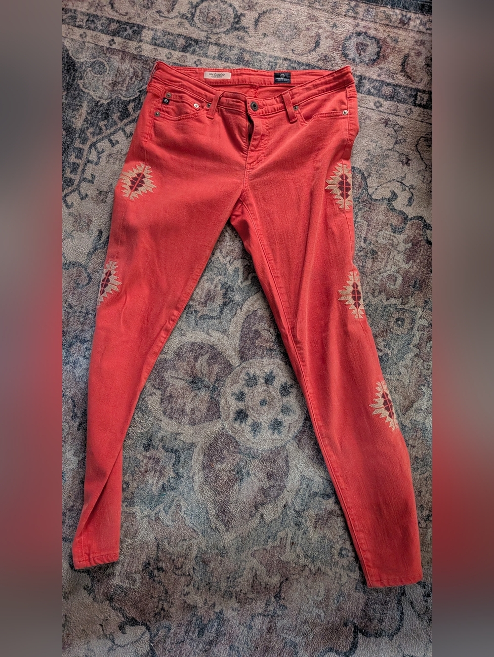 AG Adriano Goldschmied Coral Red Embroidered Skinny Jeans